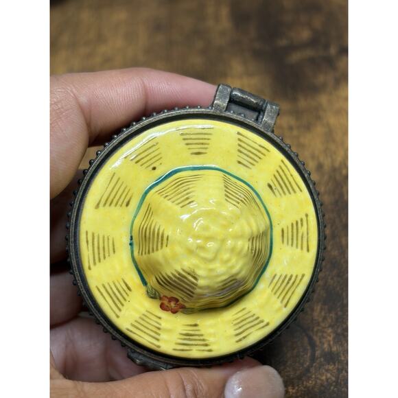 Vintage LIMOGES STYLE Yellow Hand Painted SUN HAT Trinket Box Hat W Hat Box - Picture 3 of 14